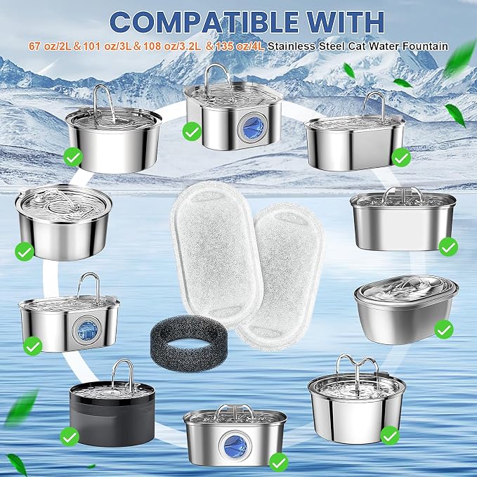 Cat Water Fountain Filter, 4 Pcs Cat Filters Replacement Pet Water Fountain Filters with 4 Pcs Sponges Foam for 67oz/2L & 108oz/3.2L Stainless Steel Automatic Cat Water Fountain Dispenser Filters