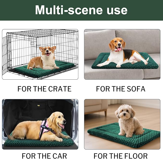 Dog Bed Crate Mat, Soft Durable Washable Anti-Slip Kennel Pad for Dogs & Cats, Reversible (Dark Green, L(35"*23"*1.5"))