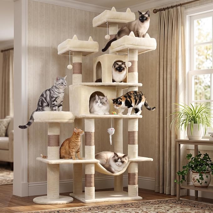 Cat Tower, 71 Inch Heavy Duty Cat Tree for Large Cats | Tall Multi-Level Cat Tree Tower with Extended Base, 2 Condos, 3 Perches, 9 Sisal Posts & Hammock for Indoor Adult Cats, Beige