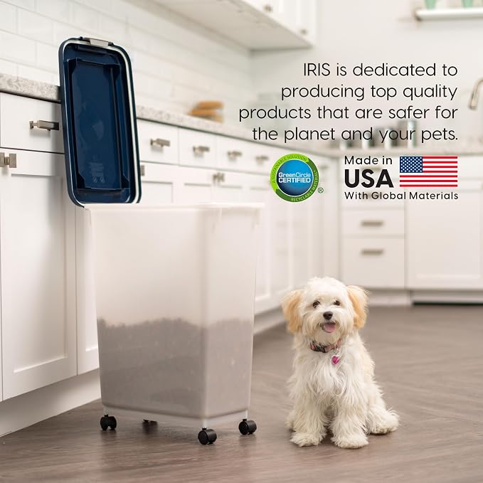 IRIS USA Dog Food Storage Container, Up to 38 lbs, Navy/Pearl, Made in USA | Wheels for Mobility, Airtight Seal, BPA-Free, Best for Bird Seed, Cat food, Cat Litter, Chicken Feed, Pellets