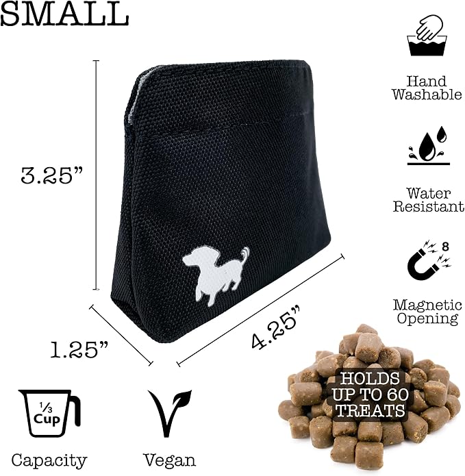 Small Dog Treat Pouch – Slim Magnetic Pocket Dog Treat Bag for Walking & Training – Discreet Clip On Treat Pouch for Leash, Waistband or Pocket – Mess Free Storage (Black/Gray)