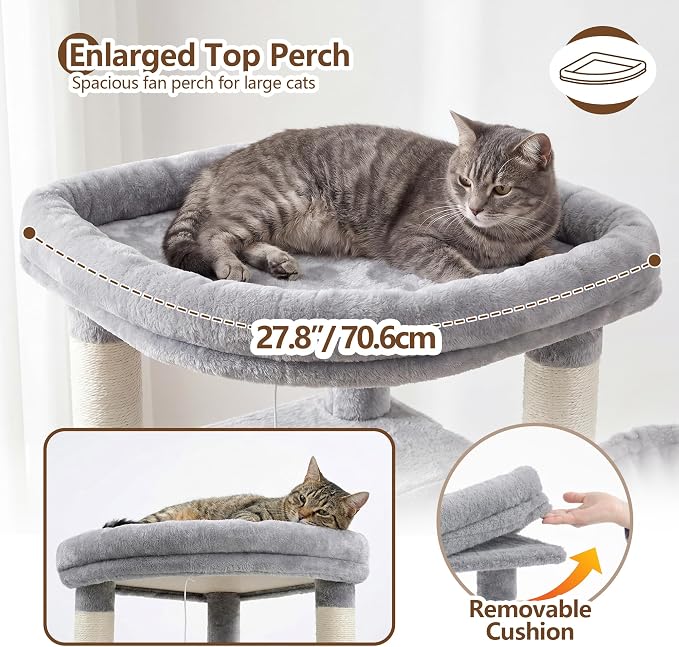 Heybly 53.1" Corner Cat Tree for Large Cats – Interactive Play HCT029W | Sturdy Cat Tower with Cozy Cat Condo, Fan-Shaped Top Perch, Basket, Hammock & Solid Base, Light Gray