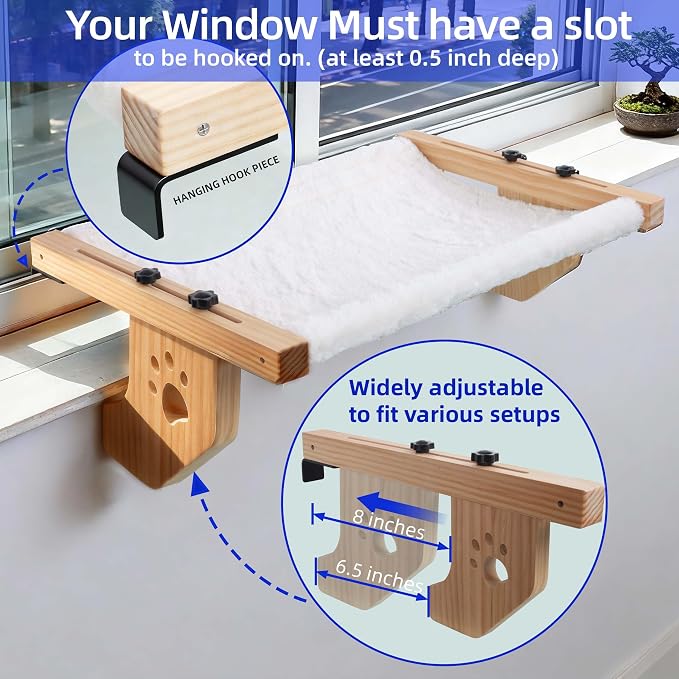 ESPETS Wooden Cat Window Hammock for Large Cats, White Kitten Window Perch | Solid Wood Window Ledge Perch, Sturdy Large Size Shelves, Soft Thick Removable Cushion, Easy Assemble Adjustable, Hold 50LBS