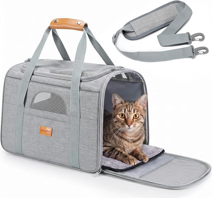 Morpilot Airline Approved Cat Carrier, 16.5" x11" x11" Soft-Sided Pet Travel Carrie with 4-Sided Mesh Ventilation for Cats & Puppies up to 15lbs (Light Gray)