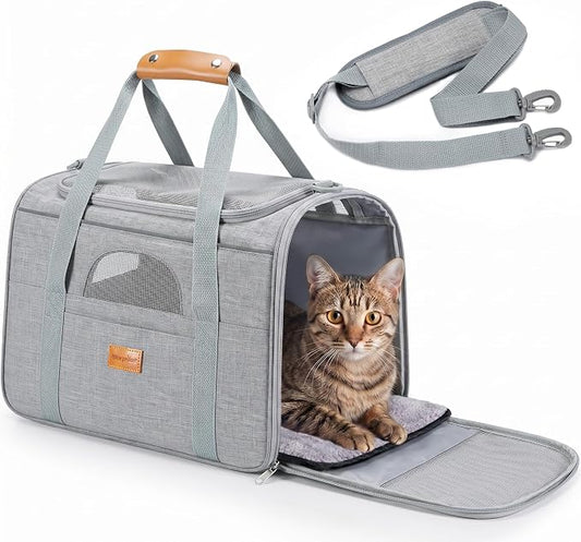Morpilot Airline Approved Cat Carrier, 16.5" x11" x11" Soft-Sided Pet Travel Carrie with 4-Sided Mesh Ventilation for Cats & Puppies up to 15lbs (Light Gray)