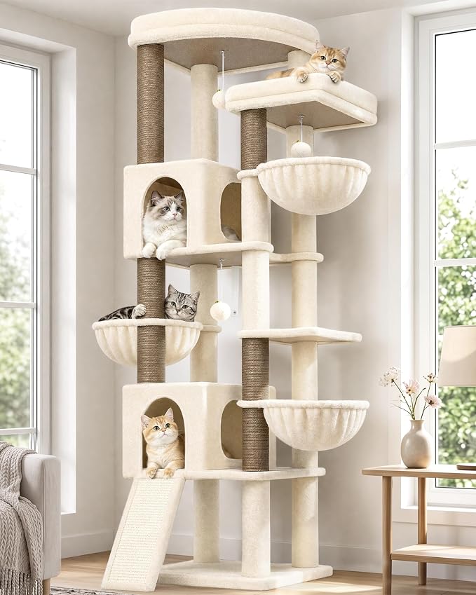 Globlazer 77in Cat Tree Tower for Indoor Cats Large Adult, F77, Beige | Heavy Duty Multi-level Climbing Tower with 6 Scratching Posts & Board, 2 Roomy Condos, 2 Padded Perches, 3 Sturdy Baskets