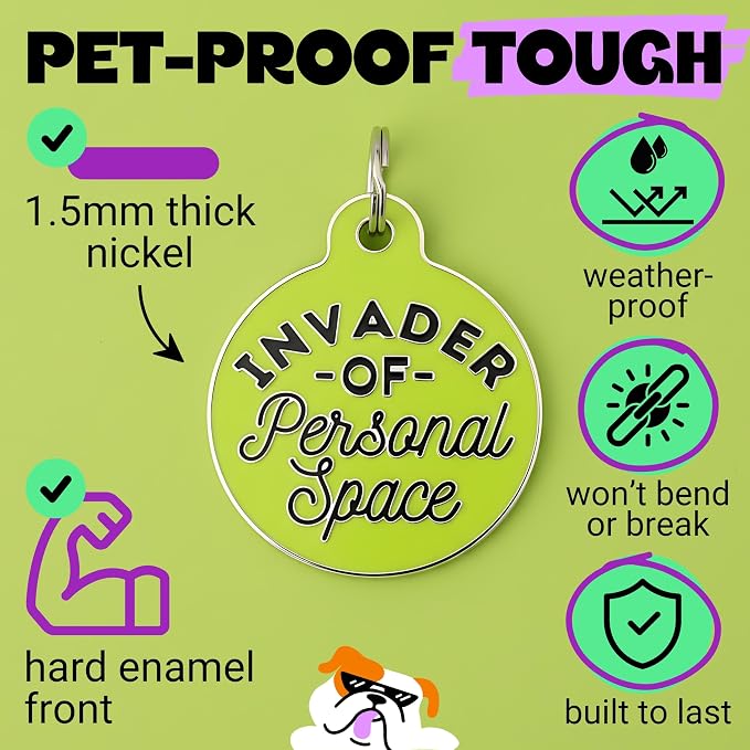 Bad Tags Personalized Dog and Cat ID Tags in 25+ Designs and 2 Sizes - 5 Lines of Custom Engraved Text - Funny Cute Personalized Pet Tags (Invader of Personal Space - Green, Small (1 inch))