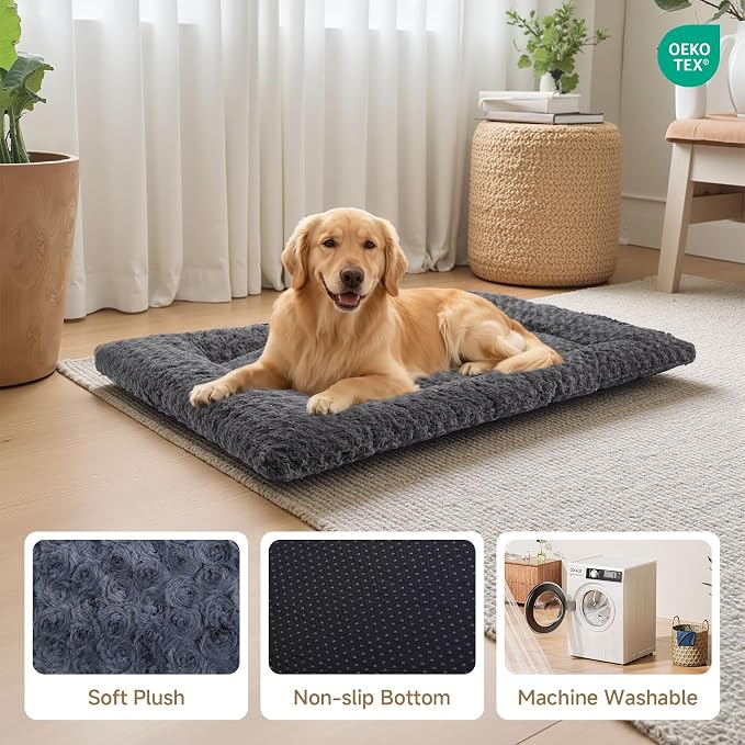 Exsnugy Washable Dog Bed Mat Large Size Fluffy Pet Crate Pad 53x36 XXL | Non-Slip Bottom Kennel Beds Ultra Soft Comfy Sleeping Mattress for Large Medium Small Dogs Gray