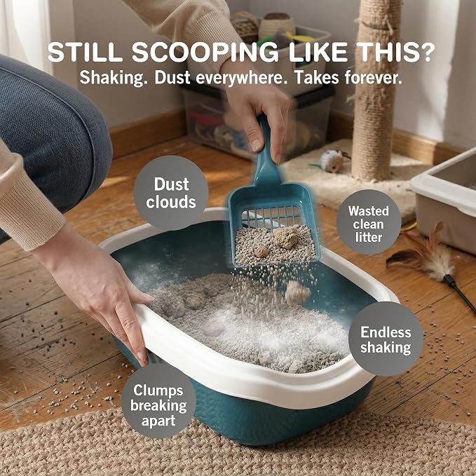 Cat Litter Scoop, Metal Litter Scooper – 5X Faster No-Shake Sifting Design, Stainless Steel Litter Scoop with Holder, Reduces Dust & Waste – Sprinkle & Sweep