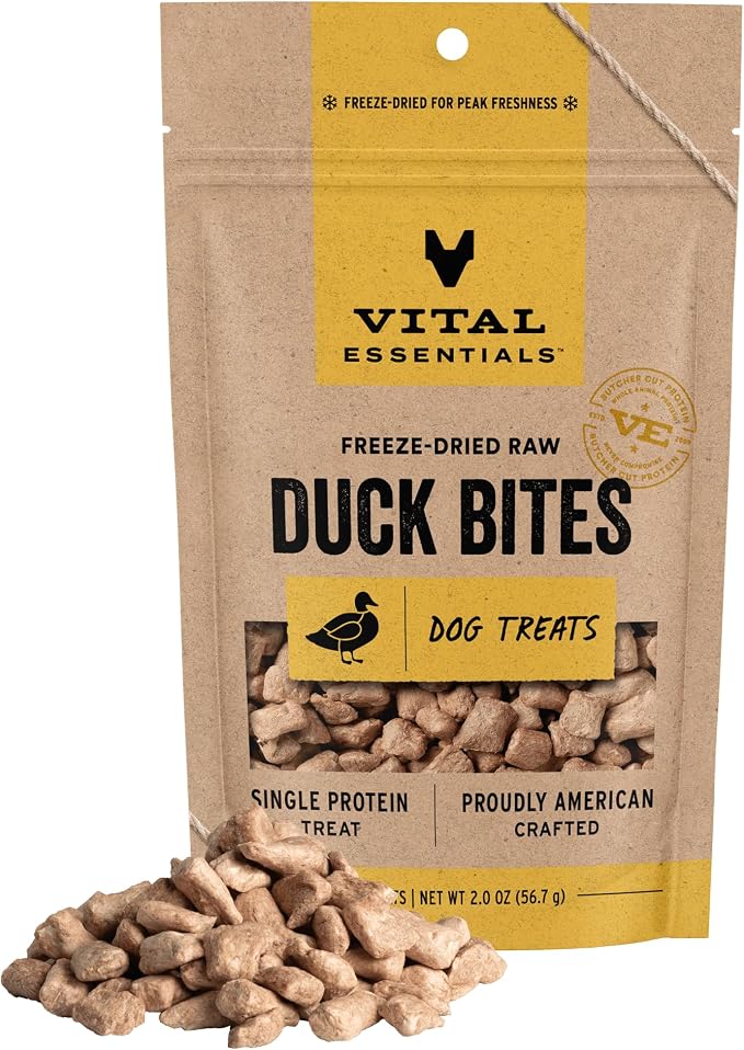 Vital Essentials Freeze Dried Dog Treats, Duck Bites, 2.0 oz Bag | Single Animal Protein, Premium Quality, Grain-Free Training Treats, USA Made with U.S. & Globally Sourced Ingredients