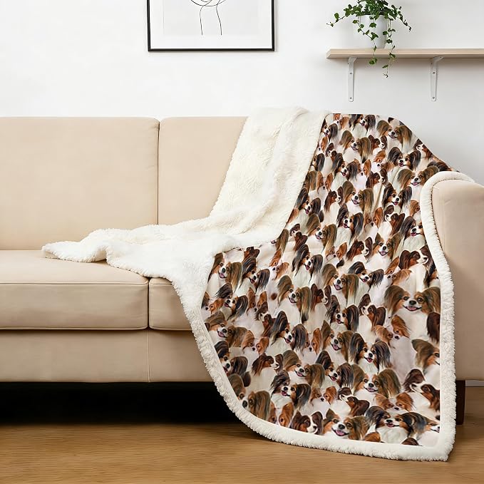 BlessLiving Papillon Dog Blanket Cute Animal Fleece Blanket Shepherd Dog Plush Blanket Soft Sherpa Blanket for Bed and Couch Papillon Dog Lover Gifts (Twin Size, 60 x 80 Inches)