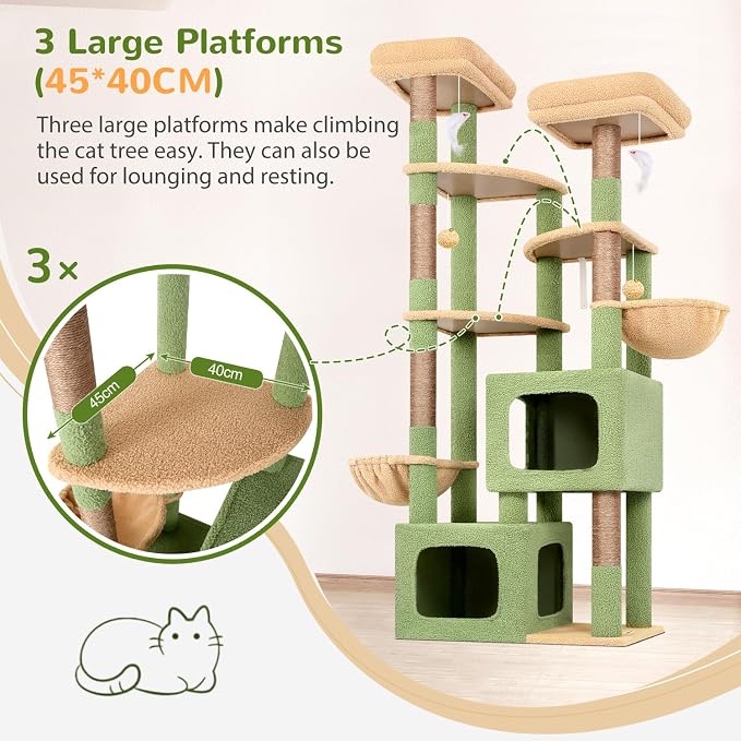 Globlazer S74E Pro Cactus Heavy Duty Maine Coon Cat Tree for Large Cats | 74in Sturdy Multi-Level Tall Cat Tree Tower for Indoor Adult Cats with Scratching Posts, 2 Cat Condos, 2 Top Perches