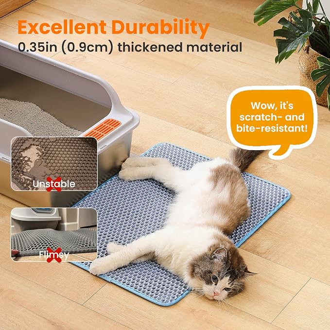 Cat Litter Mat, Double Layer Honeycomb Litter Box Mat | 24x18”, Efficient Litter Trapping, Easy to Clean, Waterproof, Non-Slip, Soft on Paws, Scratch Resistant, Blue, Large