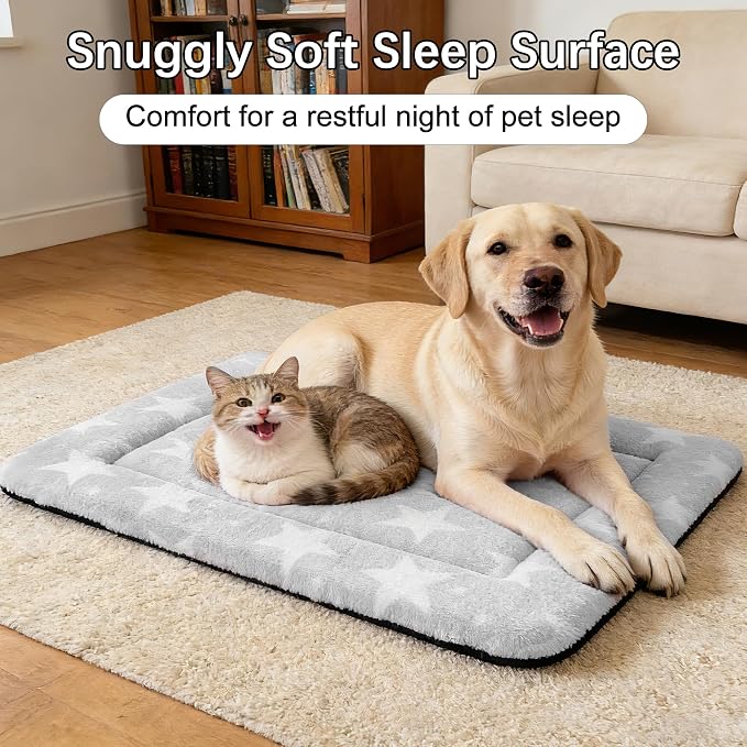 Dog Bed Mat – Soft & Comfortable Dog Kennel Pad for Crate – Durable Crate Bed & Mat for Dogs & Cats – Ideal for Crate, Kennel, and Home Use (Big&Little Stars Grey, L(35"*23"*1.5"))