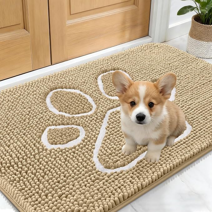 OLANLY Dog Door Mat for Muddy Paws 24x16, Paw Print Design Chenille Mud Mat | Beige, Absorbent, Traps Moisture and Dirt, Non-Slip Washable Doormat, Quick-Drying Indoor Entryway Floor Carpet for Dogs