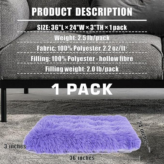 Machine Washable Dog Bed, Deluxe Plush Dog Crate Pad and Cat Bed, Anti-Slip Bottom Kennel Pad Mat, Fuzzy Pet Beds for Large, Medium, Small Dogs Breeds (Violet, 36.0" L x 24.0" W x 3.0" Th x 1 Pack)