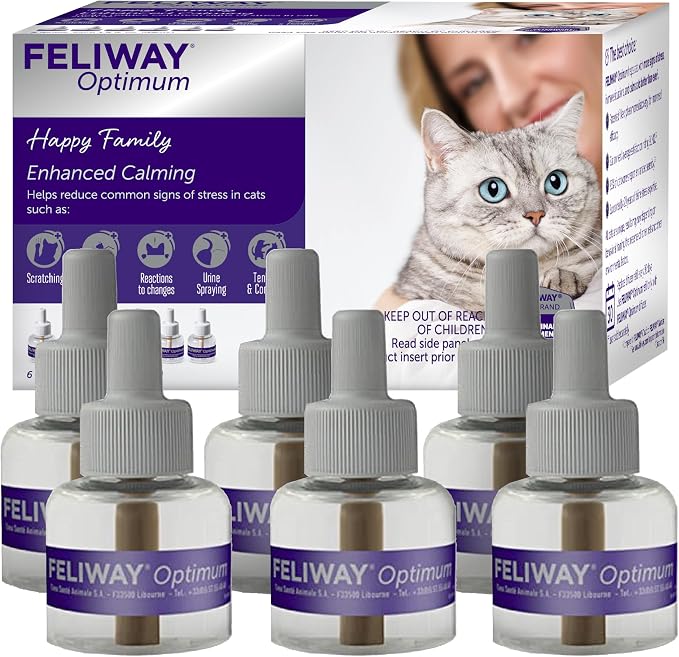 FELIWAY Optimum Cat Calming Pheromone Diffuser Refill - 6 Pack | Advanced Support to Help Reduce Urine Spraying, Scratching, Fighting & Hiding Due to Stress, 180 Day Supply