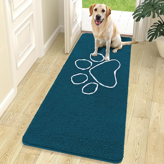 OLANLY Dog Door Mat for Muddy Paws 70x24, Paw Print Design Chenille Mud Mat | Atlantic Blue, Absorbent, Traps Moisture and Dirt, Non-Slip Washable Doormat, Quick-Dry Indoor Entryway Floor Carpet for Dogs