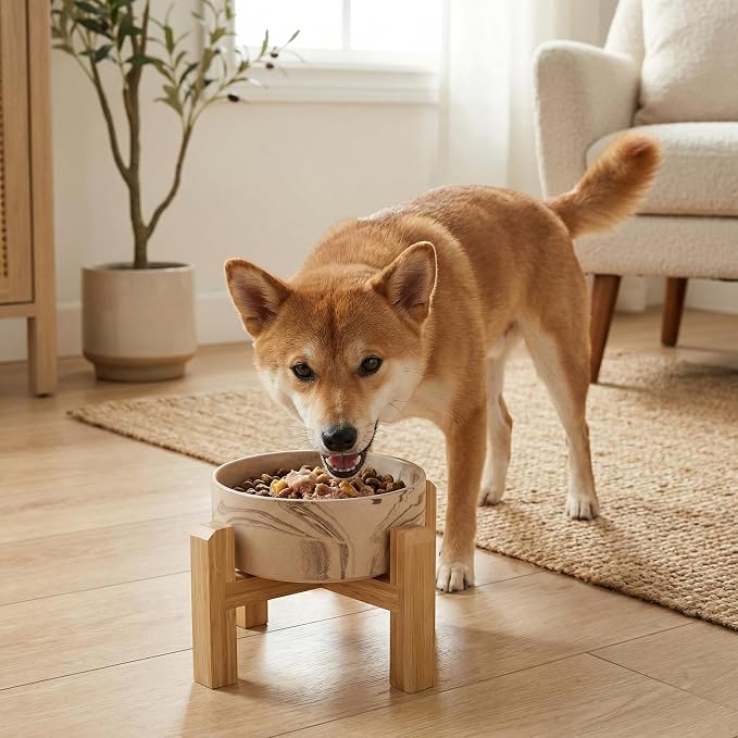 hjn Elevated Ceramic Dog Bowl with Bamboo Stand, Raised Pet Feeding Station for Small Medium Dogs Cats, Modern Design with Anti-Slip Base (Marble Brown, 3.6Cup)