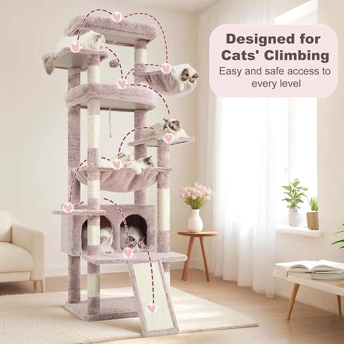 Heybly Tall Cat Tree for Large Cat, 80-inch Multi-Level Cat Tower HCT038MU | Condo Furniture for Indoor Cats with Large Baseboard, 2 Widened Plush Perches, Scratching Board, Big Caves, Rosy Brown