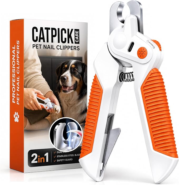 Dog&Cat Nail Clipper with Light, Stainless Steel Blade Nail Trimmer for Pet | Catpick care 2-IN-1 Trimmer Grooming with Built-in File, Stainless Steel Blades, Ideal for Small, Medium & Large Pets, Orange