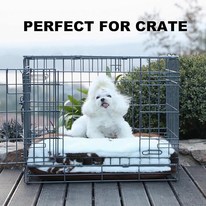 Bedfolks Waterproof Crate Bed, Plush Dog & Cat Bed with Removable Washable Cover, Faux Fur Kennel Pad, 23"x18", Cow Print