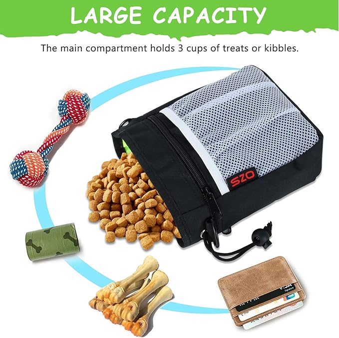 SZO Dog Training Treat Pouch with Training Clicker, Black | Dog Treat Pouch Set Includes Clicker for Pet Training, 3 Wear Styles with Waist Belt Shoulder Strap