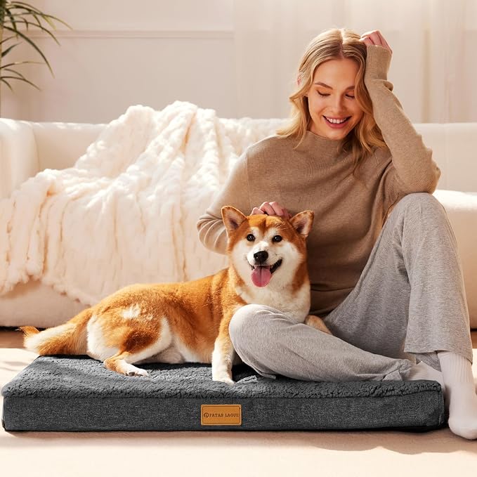 Patas Lague Orthopedic Large Dog Bed Pet Sofa Mat 56''X40'' Dark Grey | Egg-Crate Foam Dog Couch For Large Sized Dogs, Waterproof Removable Washable Cover, Soft Pet Crate Bed With Nonskid Bottom