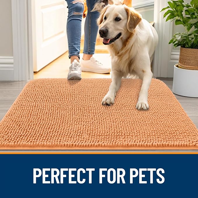 OLANLY Dog Door Mat for Muddy Paws 30x20, Super Absorbent Chenille Mud Mat | Orange, Absorbs Moisture and Dirt, Non-Slip Machine Washable Doormat, Quick-Drying Indoor Entryway Floor Carpet for Dogs