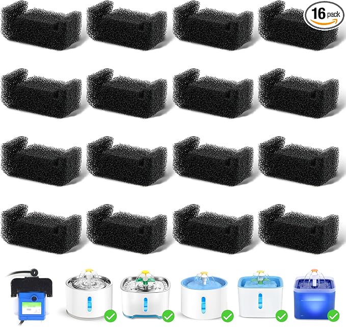 16 Pack Cat Water Fountain Sponge Filters, Replacement Foam Pre-Filter Sponges for 67oz/2L & 81oz/2.4L Pet Fountain (Pump Not Included)