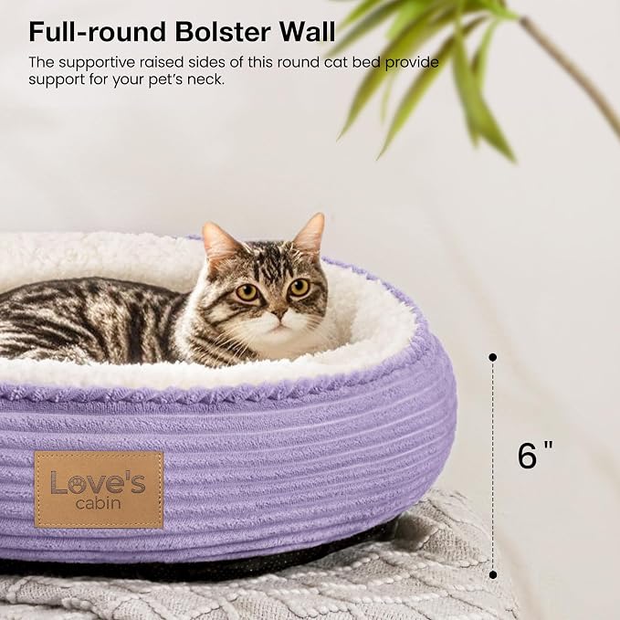 Love's cabin Round Donut Cat and Dog Cushion Bed, 20in Pet Bed for Cats or Small Dogs, Anti-Slip & Water-Resistant Bottom, Soft Durable Fabric Pet beds, Washable Luxury Cat Dog Bed Lavender Stripe