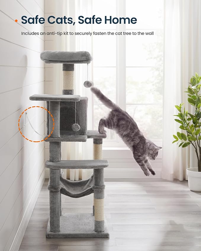 SONGMICS HOME Cat Tree for Indoor Cats, Multi-Level Cat Tower with Sisal Scratching Posts, Hammock and Condo, Light Gray