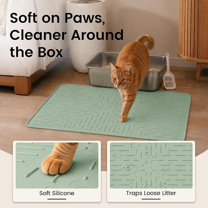 OHMO Cat Litter Mat 23.5x16 Silicone Trapping Mat Sage Green | for Kitty Litter Box, Easy Clean, BPA Free Rubber, Center Litter Collection, Easy Pour-Back, Waterproof, Odor-Resistant