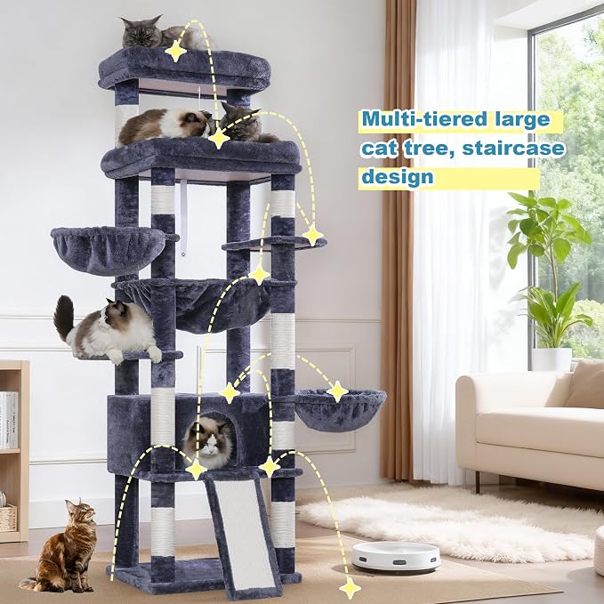 Hey-brother Cat Tree Tower with Extra Large Platform and Basket, MPJ080G | 71.7 Inches Scratching Posts with Specious Condo, 2 Cozy Hammocks, Scratch Board for Indoor Adult Cats, Maine Coon Smoky Gray