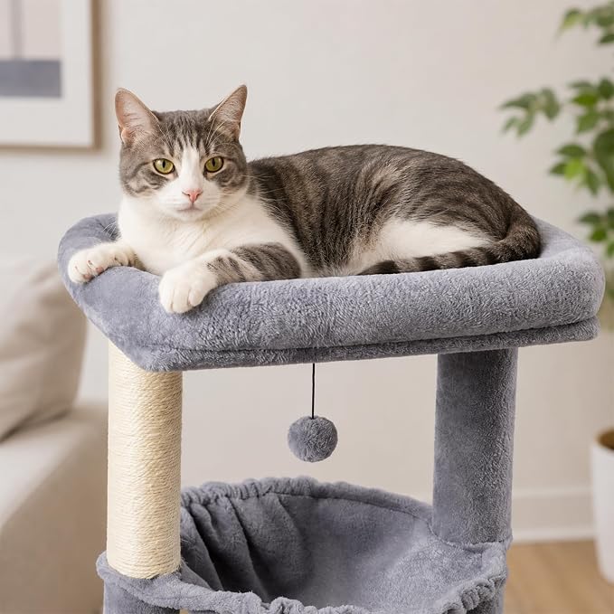 Multi-Level Cat Tree for Indoor Cats, Cat Tree Tower with Big Cat Hammock, Indoor Climbing Activity Tower with Scratching Posts, Grey