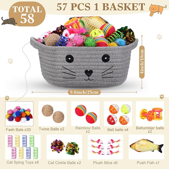 Zopeal 58 Pcs Summer Cat Storage Basket Gift Toys Set, Colorful Flashing Balls Pet Bell Crinkle Balls Spring Toys Attract Cat to Swat, Hunt, Interactive for Pet(Grey,9.8 Inch)