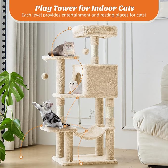 DUMOS 44 Inch Cat Tree Tower with Natural Sisal Scratching Posts | Small Cat Tree with Hammock, Pet Condo for Indoor Cats and Kittens Play, Beige