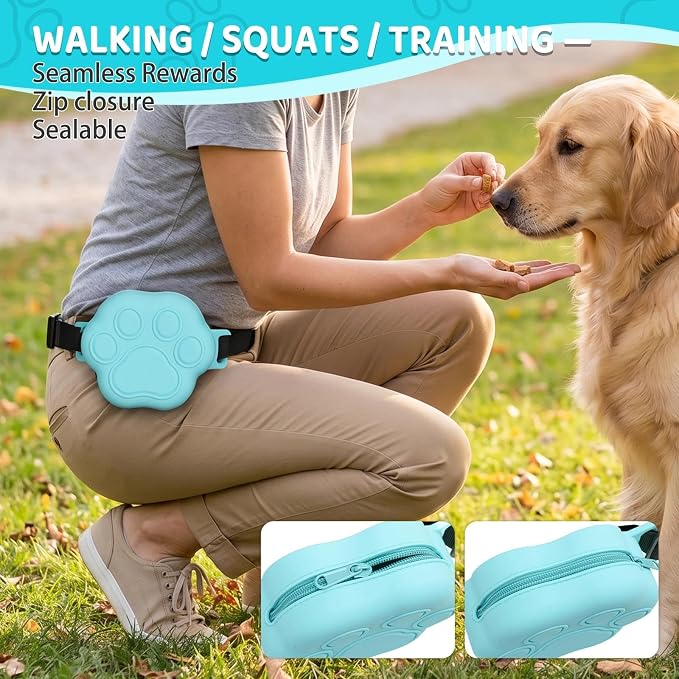 Dog Treat Pouch with Training Clicker and 2 Poop Bags, 1.8 Cup Small Sealable Zipper Silicone Fanny Pack with Waist Belt, Pet Puppy Training & Walking Essentials (Blue)