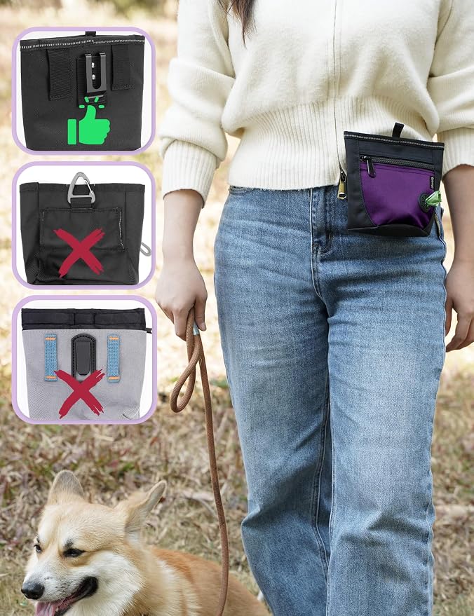 2 Cup Dog Treat Pouch with Training Clicker(Black/Purple) | 2 Pair Magnetic Closures, Zipper Pocket with Poop Bag Holder, Waist Belt & Metal Clip to Wear for Pet Training/Daily Walking