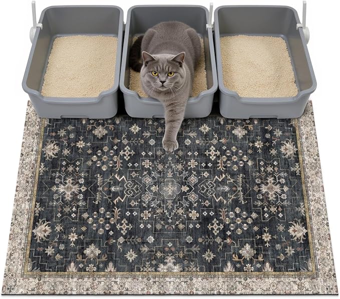 Cat Litter Mat Litter Trapping Mat, 40"x30" Waterproof Urine Proof Litter Box Mat Catcher Mat Non-Slip Washable for Kitty Kitten, Black