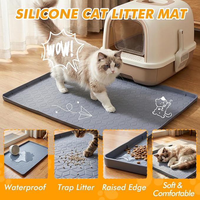 Silicone Cat Litter Mat for Litter Box, 31" x 22" Large Leak-Proof Tray, Scatter Control for Cat Litter, Soft Durable Material, Waterproof & Easy Clean Mat for Indoor Cats, Gray