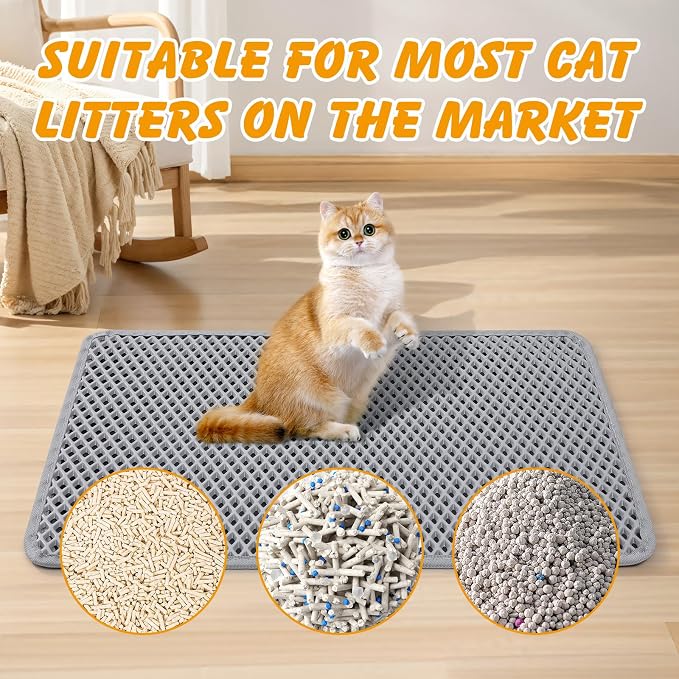 Double Layer Cat Litter Mat, Waterproof Non-Slip, 24 x 15 Inch | Honeycomb litter trapping, EVA soft paw-friendly material, urine-resistant layer, easy shake or rinse clean
