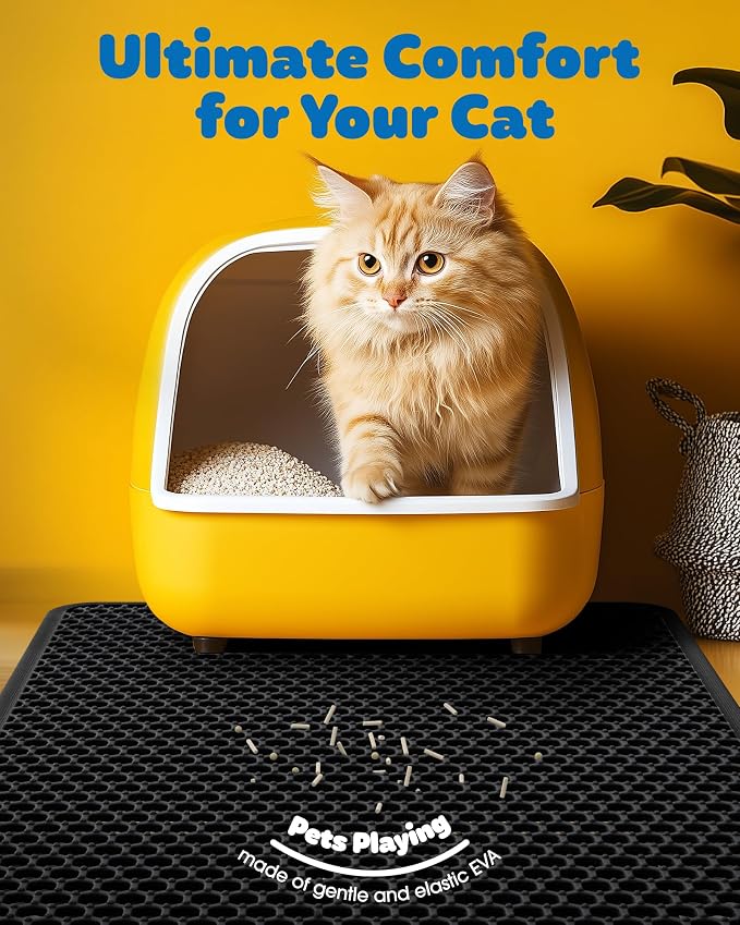 Powools Cat Litter Mat, 23.2 x 14.6 in, Waterproof, Non-Slip, Black | Litter Trapping Mat, Easy to Clean, Litter Box Mat, Urine-Proof, Cat Toilet Training Systems Accessories, Indoor Cats