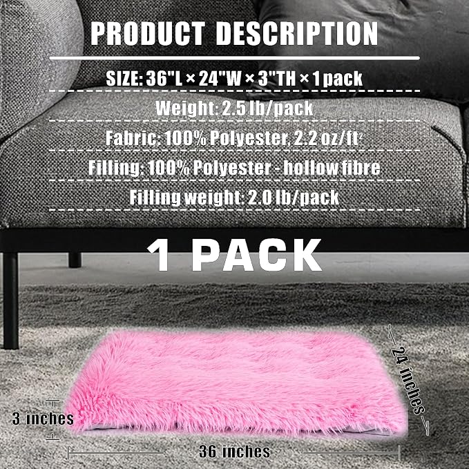 Machine Washable Dog Bed, Deluxe Plush Dog Crate Pad and Cat Bed, Anti-Slip Bottom Kennel Pad Mat, Fuzzy Pet Beds for Large, Medium, Small Dogs Breeds (Pink, 36.0" L x 24.0" W x 3.0" Th x 1 Pack)