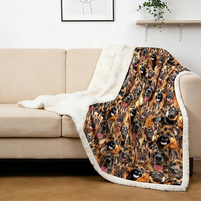 BlessLiving Fuzzy Dogs Blanket for Kids Adults Cute Puppy Fleece Blanket Reversible Animal Pattern Sherpa Throw (German Shepherd Dog,Throw, 50 x 60 Inches)