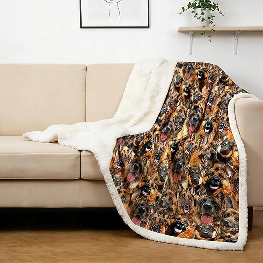 BlessLiving Fuzzy Dogs Blanket for Kids Adults Cute Puppy Fleece Blanket Reversible Animal Pattern Sherpa Throw (German Shepherd Dog,Throw, 50 x 60 Inches)