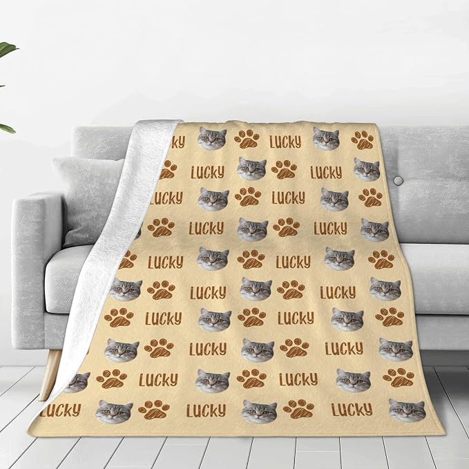 Custom Throw Blanket with Cat Face & Name Personalized Soft Fleece Funny Photo Blanket Multi Size Customized Throws for Couch Bed Sofa Gifts for Cat Dad Mom Pet Lovers