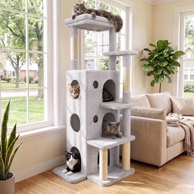 48" Cat Tree Tower for Indoor Cats, Multi-Level Cat House for Large Cats with 3 Cozy Cat Condos, Extra Large Top Perch, Sisal Scratching Posts & Climbing Steps, Light Grey