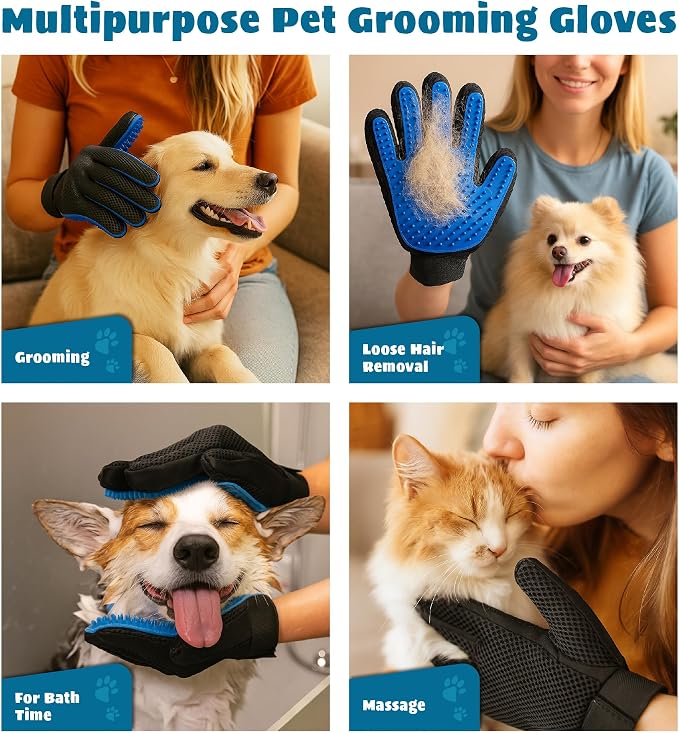 Pet Grooming Gloves – Efficient Dog & Cat Grooming Gloves 2-in-1 Deshedding Glove & Massage Mitt for Bathing, Washing & Shedding, Safe for Short/Long Hair – 2pcs (Blue)