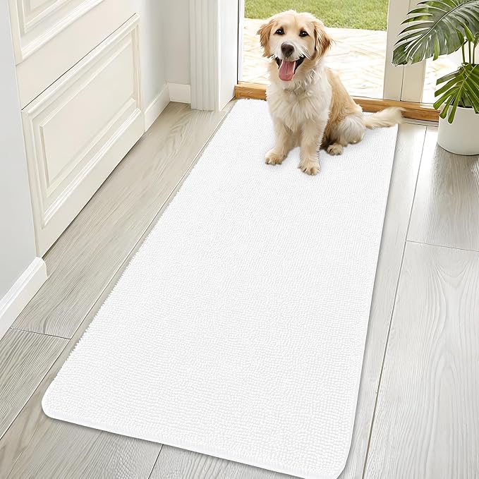 OLANLY Dog Door Mat for Muddy Paws 70x35, Super Absorbent Chenille Mud Mat | White, Absorbs Moisture and Dirt, Non-Slip Machine Washable Doormat, Quick-Drying Indoor Entryway Floor Carpet for Dogs